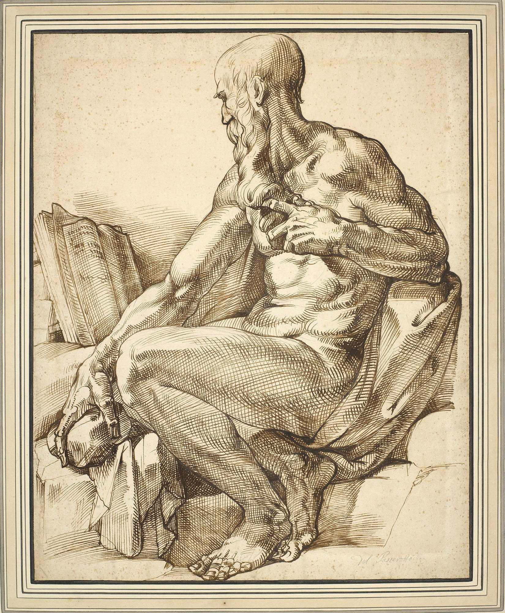 A drawing of the seated St Jerome, turned to the left, a rock in his right hand, gazing at an open book before him.&nbsp;Inscribed on the verso in the hand of William Gibson,&nbsp;Bartolommeo Passerotto 4.3. /&nbsp; 1.4., and on the recto in a hand of the