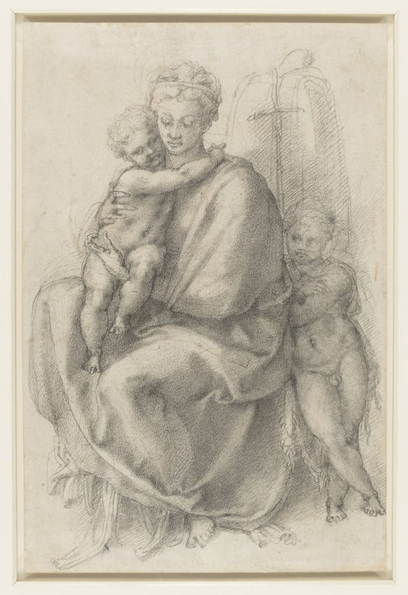 A black chalk drawing of the Virgin with the Christ Child and the Infant St John the Baptist. On the verso, a drawing of a female draped figure in profile, turned to the right, not by Michelangelo.

The Virgin has a monumentality reminiscent of the sibyls