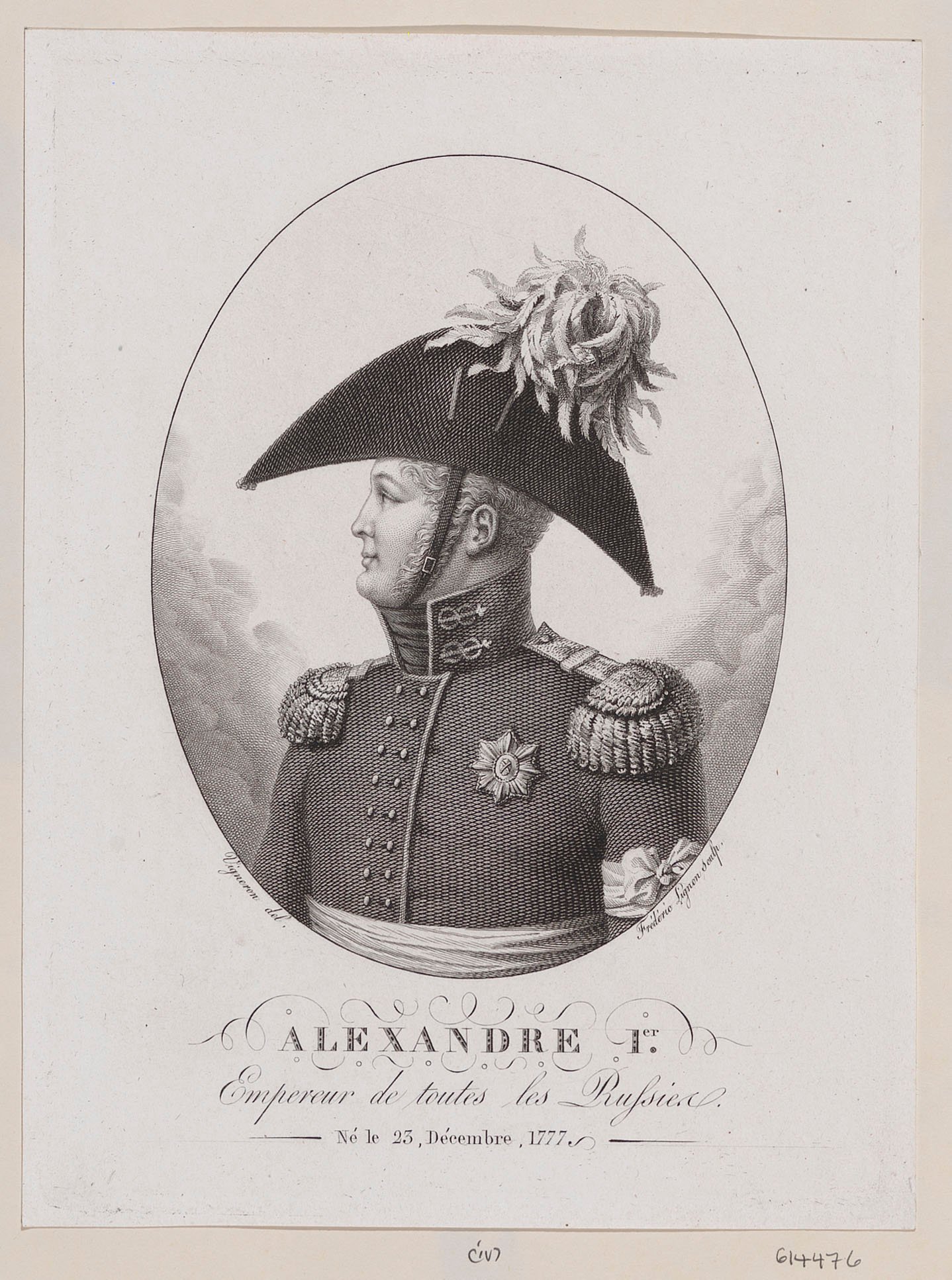 Short half length, face profile l, in plumed cocked hat, uniform, star, sas...