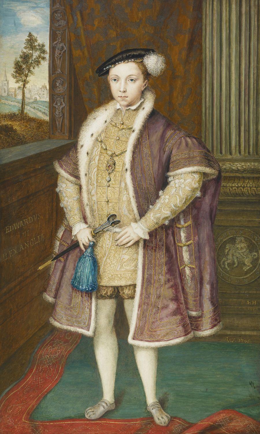 A watercolour portrait of Edward VI as a young boy, shown full length, wearing an ermine-lined cloak. After a portrait in the Royal Collection which is now attributed to William Scrots (RCIN 404441). This watercolour shows the state of the oil portrait, w