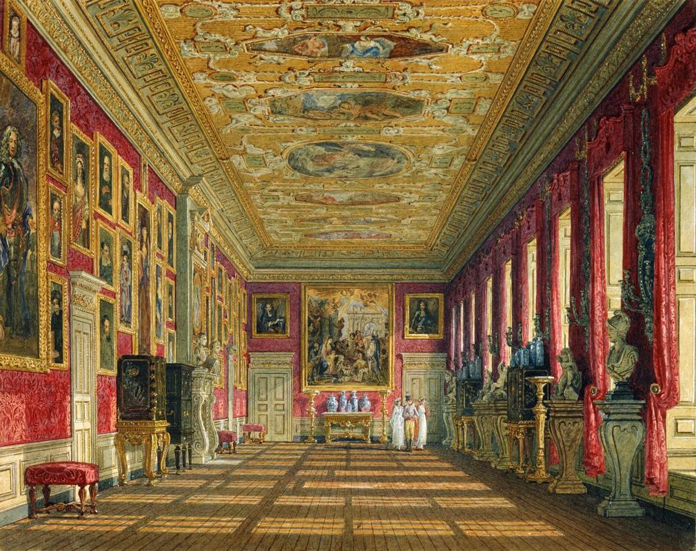 A watercolour of The King's Gallery at Kensington, a luxury handcoloured version of one of the plates from William Henry Pyne's History of the Royal Residences (1816-1819). The King’s Gallery is the principal room on the second floor of the south-fa