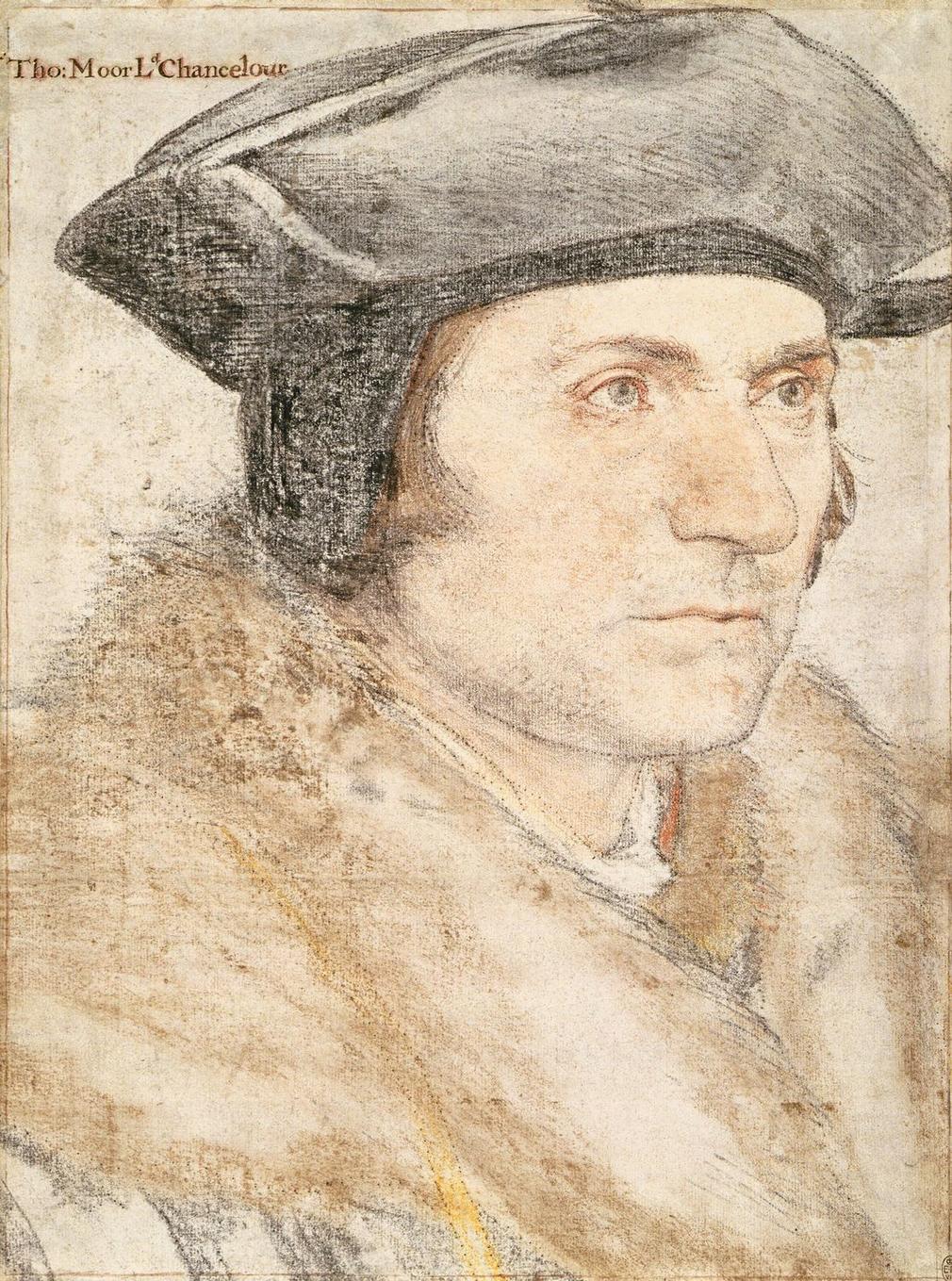 A portrait drawing of Sir Thomas More (1478-1535) The portrait shows his head and shoulders and the sitter faces three-quarters to the right. He wears a hat and fur collar. The drawing has been pricked for transfer. Inscribed in an eighteenth-century hand
