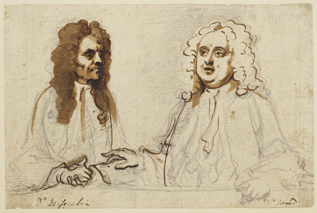 A pencil, pen and ink and wash drawing of the two quack doctors John Misaubin (1673-1734) and Joshua Ward (1684/5-1734). Inscribed in a later hand in pen and ink, 'Dr Misaubin and Dr Ward'. 
The discussion between the two men is probably imagined as Ward 