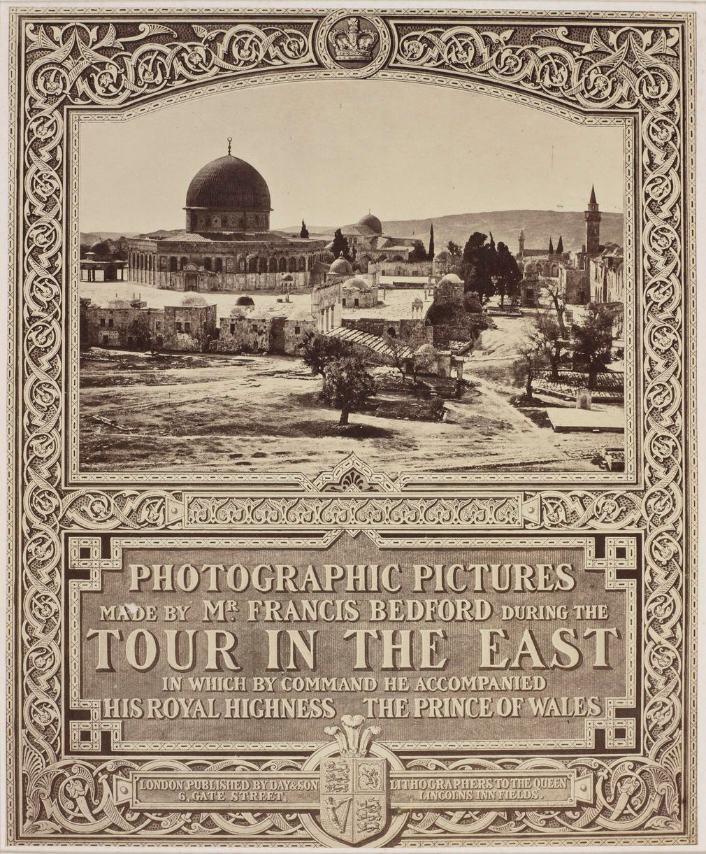 Photographic title page from Francis Bedford's Middle East views of 1862. Includes a copy of Bedford's view of the 'Mosque of Omar from the Governor's House' in Jerusalem (see RCIN 2700932).