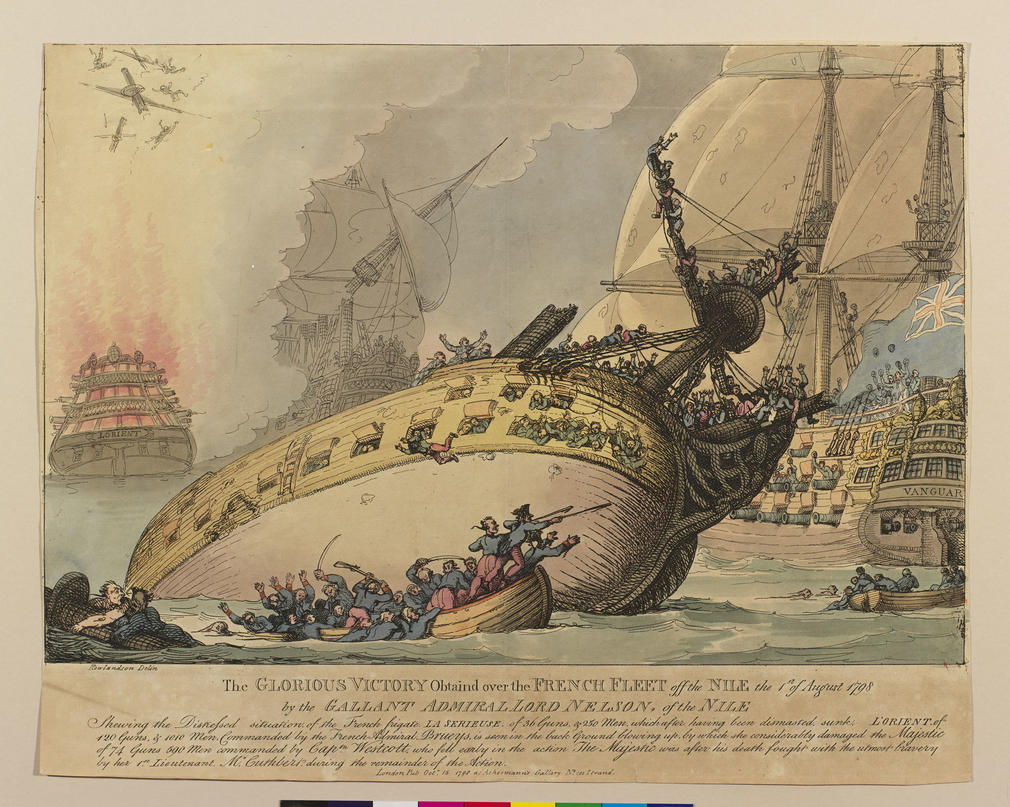 A hand-coloured print of the French frigate 'La Serieuse' being sunk by the British fleet during the Battle of the Nile On 1 August 1798, ships of the Royal Navy under Admiral Nelson defeated the French fleet in the Battle of the Nile. News of the victory