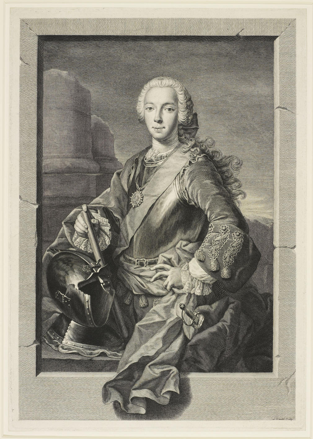 Engraving of Charles Edward Stuart as prince. Three quarter length with tied wig, plain tie, armour, order on ribbon, sash over left shoulder and mantle over right. Standing with left hand on hip and with right resting on a helmet, holding a baton. With c