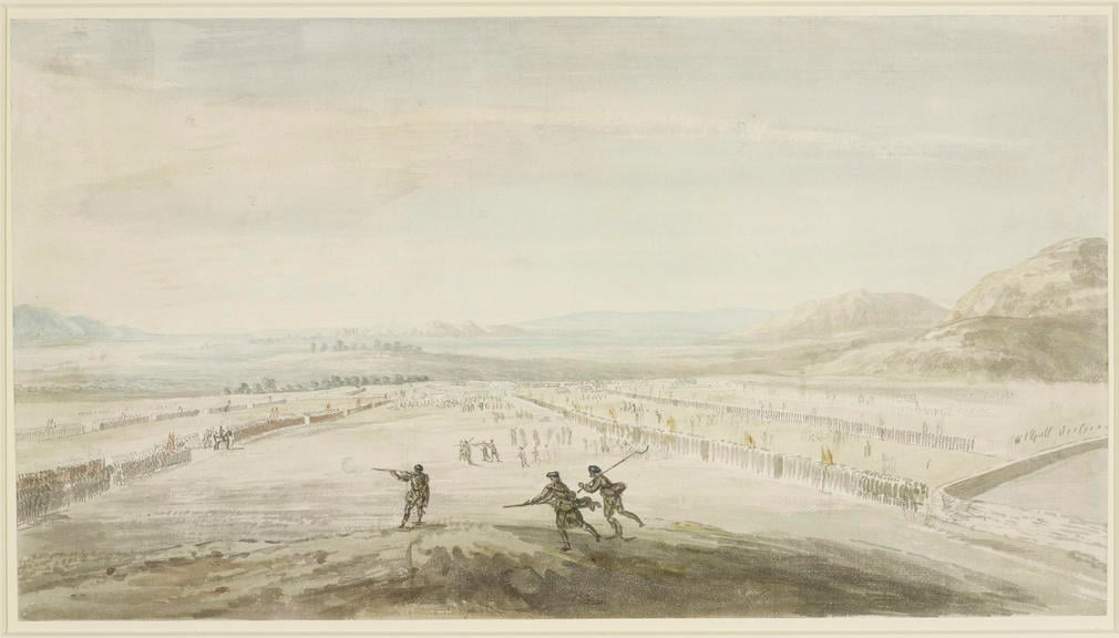 A pencil, pen and ink and watercolour drawing of Sandby’s watercolour of the field of the Battle of Culloden, showing the view between the lines of troops and the charge of the Jacobites from the right. Figures with guns silhouetted in the foregroun