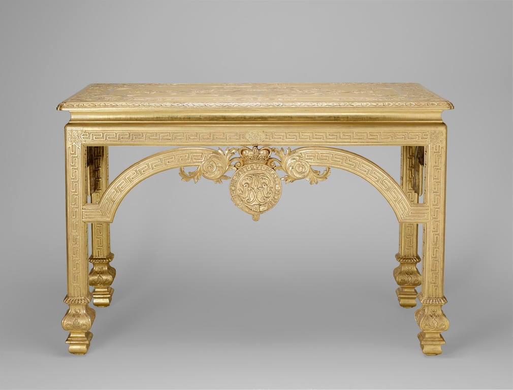 This remarkable design of table and matching stands (RCIN 1101) was clearly inspired by contemporary Chinese furniture design in its rectilinear, clear outlines. Its applied decoration on the other hand, which is both carved in wood and applied in gesso, 