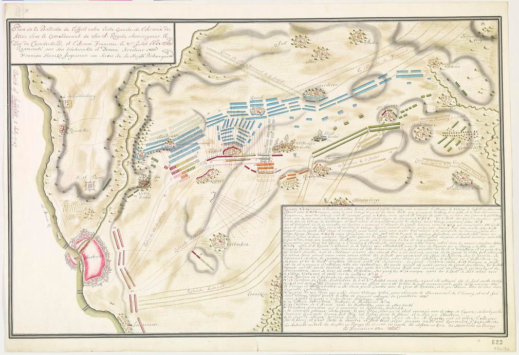 A map of the Battle of Lafelt, fought on 2 July 1747 between the French army, commanded by Marshal Maurice Saxe (1696-1750) and the Allied army (Great Britain, Hanover, Austria, Dutch Republic), commanded by William Augustus, Duke of Cumberland (1721-65),