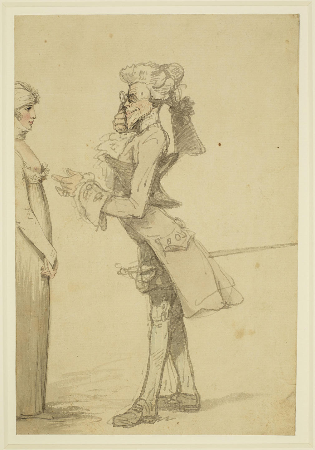 A pen and watercolour of a lascivious connoisseur avidly examining a female beauty with the aid of his eye glass. The man wears a wig and frock coat and carries a sword. The woman stands in right profile and with her hands in front of her, impassively ret