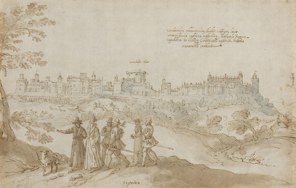 This drawing shows Windsor Castle as it looked around twenty years after Henry's death. Although the landscape in the foreground is imaginary, the representation of the Castle is accurate, and may be based on sketches taken by Hoefnagel when he visited En