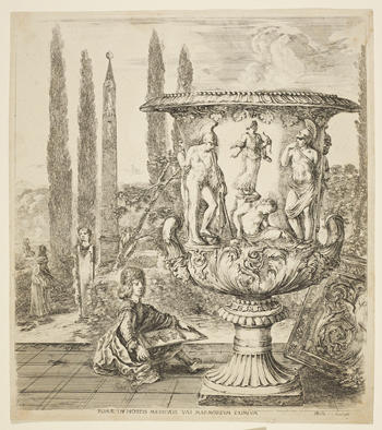 Drawing of a monumental carved urn