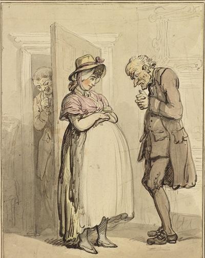 A watercolour of a pregnant woman standing before a tall, soberly dressed man who stands with a bowed head and his hands clasped together. Behind the door that the woman stands in front of, a man, grinning, touches the tip of his nose knowingly. 

