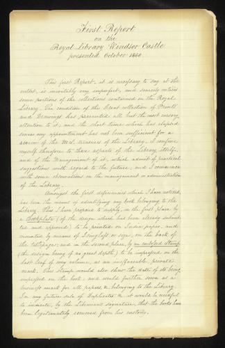 Master: Correspondence relating to the Royal Library, Windsor Castle.
Item: First report on the Royal Library Windsor Castle presented October 1860