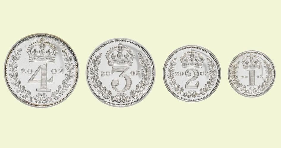 Elizabeth II Maundy set, 2002, fourpence, threepence, twopence and one penny