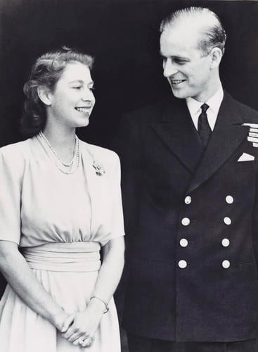 Engagement photograph of Princess Elizabeth and Lt Philip Mountbatten taken at Buckingham Palace