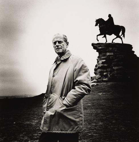 The Duke of Edinburgh in front of the Copper Horse, The Long Walk, Windsor Great Park