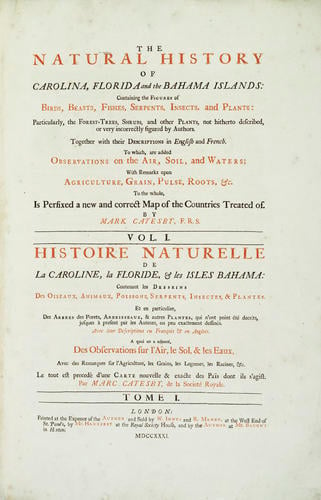 The Natural history of Carolina, Florida and the Bahama Islands : containing the figures of birds, beasts, fishes, serpents, insects and plants : particularly, the forest-trees, shrubs, and other plan