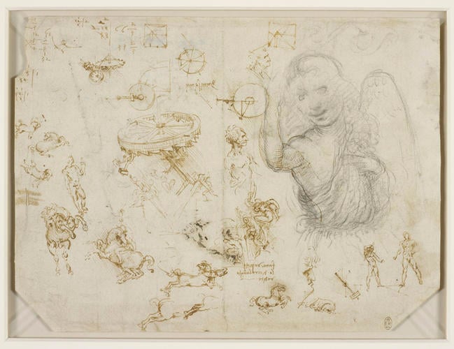 Recto: Horses and soldiers, mechanics, and the Angel of the Annunciation. Verso: Prancing horses, and the head of Nero