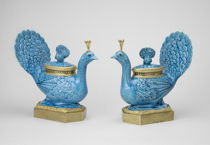 Master: Pair of peacock vases and covers mounted as pots-pourris
