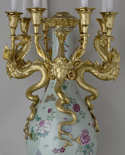 Pair of bottle vases mounted as eight-light candelabra