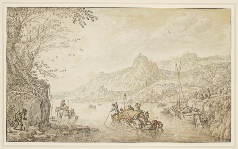 Mountainous river landscape with boats and figures