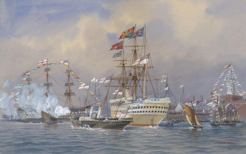 The Prince of Wales entering Portsmouth Harbour, on board HMS Serapis, 11 May 1876