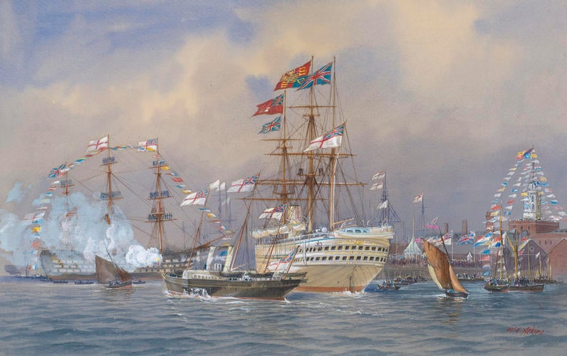 The Prince of Wales entering Portsmouth Harbour, on board HMS Serapis, 11 May 1876