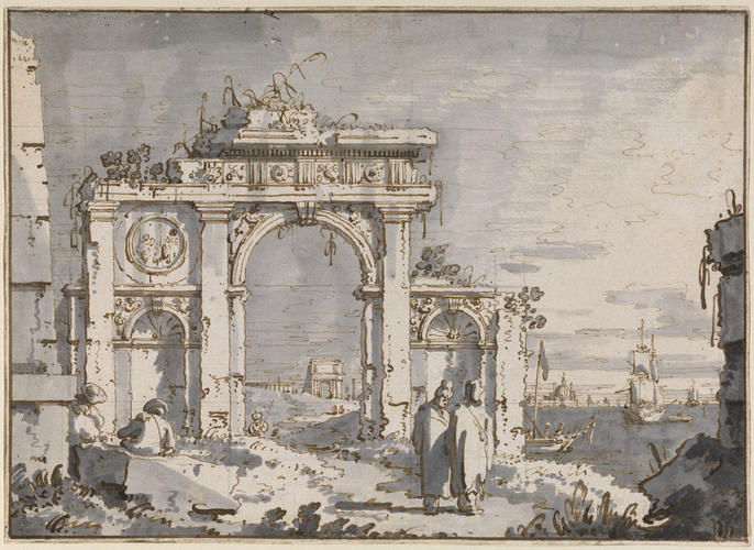 A capriccio of a ruined arch on the shores of a lagoon