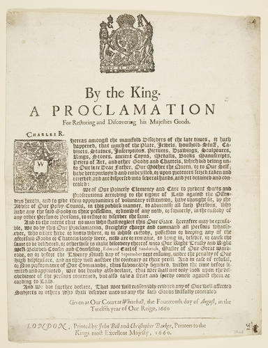 Master: Volume of broadsides dated from 1625 to 1702.
Item: A Proclamation for restoring and discovering his Majesties goods