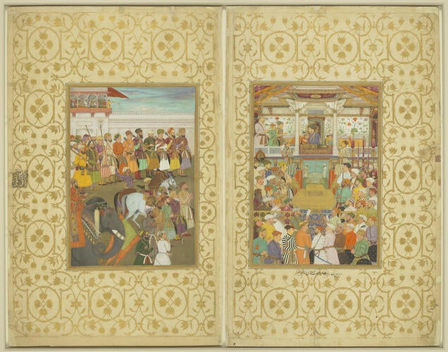 Master: Padshahnamah پادشاهنامه (The Book of Emperors)
Item: Shah-Jahan receives his three eldest sons and Asaf Khan during his accession ceremonies (8 March 1628) Master: Padshahnamah پادشاهنامه (The Book of Emperors)
Item: Shah-Jahan receives his three eldest sons and Asaf Khan during his accession ceremonies (8 March 1628)