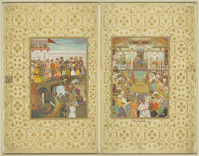 Master: Padshahnamah پادشاهنامه (The Book of Emperors) ‎‎
Item: Shah-Jahan receives his three eldest sons and Asaf Khan during his accession ceremonies (8 March 1628)