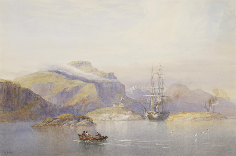HMS Racoon and HMS Black Eagle coming through Bronnoysund