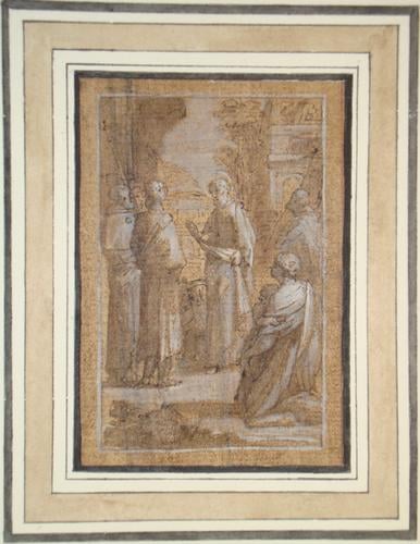A saint with three pilgrims A saint with three pilgrims