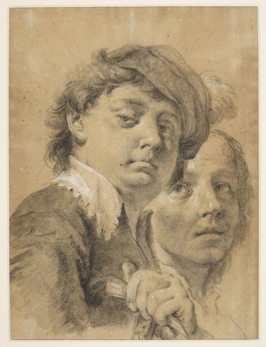 Heads of a man and a youth wearing a plumed hat and holding a hammer