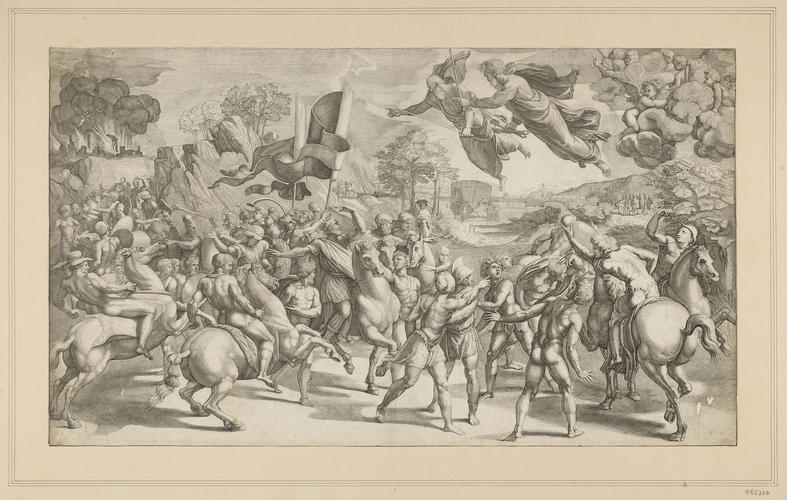 Saints Peter and Paul appearing to Attila and his Huns, with Leo I the Great approaching in the far distance Saints Peter and Paul appearing to Attila and his Huns, with Leo I the Great approaching in the far distance