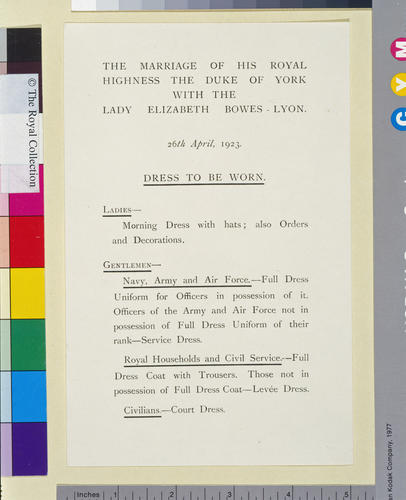 The Marriage of His Royal Highness The Duke of York with The Lady Elizabeth Bowes-Lyon-Dress to be Worn