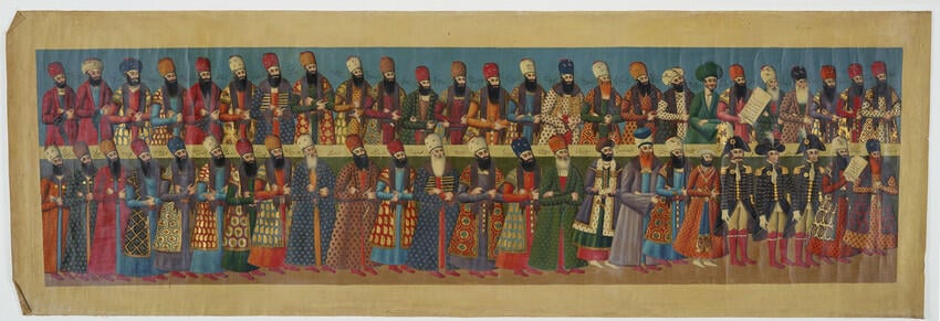 Master: The Court of Fath Ali Shah at the Nowrooz Salaam Ceremony.
Item: Nobles and officials attending the audience of Fat′h Ali Shah, looking right
