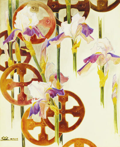 Irises and Celtic crosses