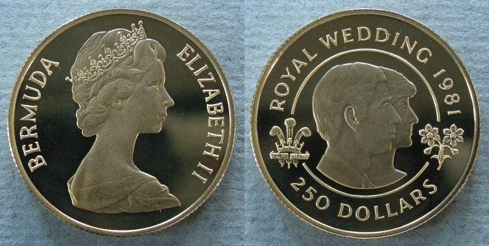 Bermuda. Proof $250, commemorating the marriage of H. R. H. The Prince of Wales and Lady Diana Spencer. (Piefort) Bermuda. Proof $250, commemorating the marriage of H. R. H. The Prince of Wales and Lady Diana Spencer. (Piefort)