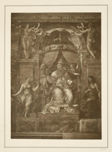 Pope Clement I enthroned between allegorical figures and caryatids