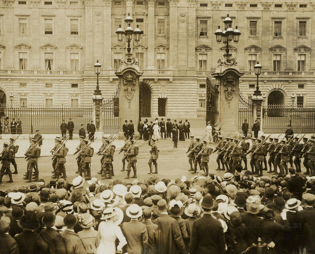 Master: Page 46 of Queen Mary's Album, vol. 17 (June 1913 - 2nd July 1916)
Item: 2nd Battalion Grenadier Guards before departure for Front
