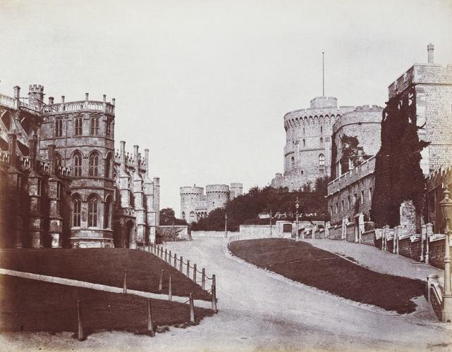 View from Lower Ward of the Military Knights' Houses and King Henry III Tower to right, St. George's Chapel to left, Round Tower and Norman Tower in distance, Windsor Castle. [Windsor Castle]