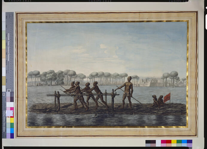 Men and children on a raft