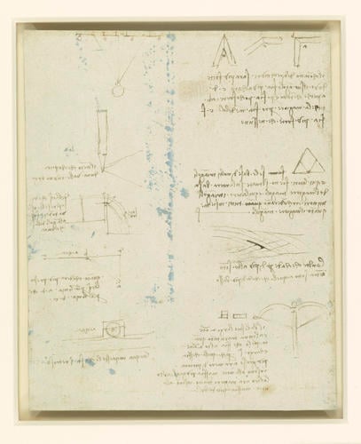 Recto: A design for an equestrian monument. Verso: Studies of flowing water, a cross-bow, geometry, etc