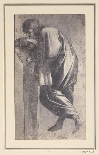 A draped man leaning on a parapet