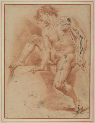 A study of a nude man, seated, right leg raised, holding a crutch A study of a nude man, seated, right leg raised, holding a crutch