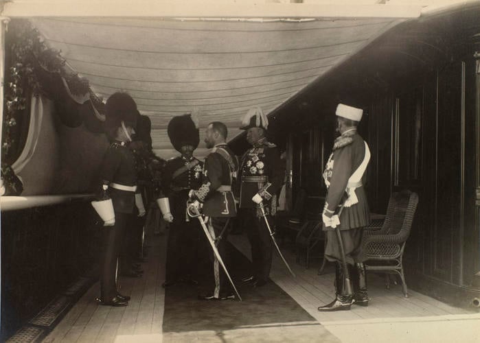 Nicholas II, Emperor of Russia on the deck of the Russian Imperial Yacht Standart during the Cowes Regatta, 1909