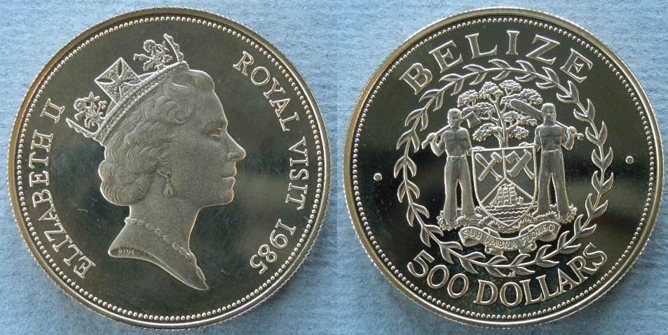 Belize. Proof gold 500 dollars 1985, commemorating the royal visit of H. M. The Queen Belize. Proof gold 500 dollars 1985, commemorating the royal visit of H. M. The Queen