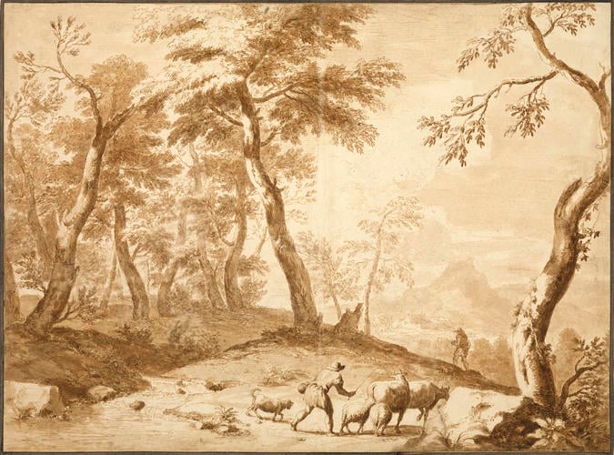 A peasant driving sheep and cows